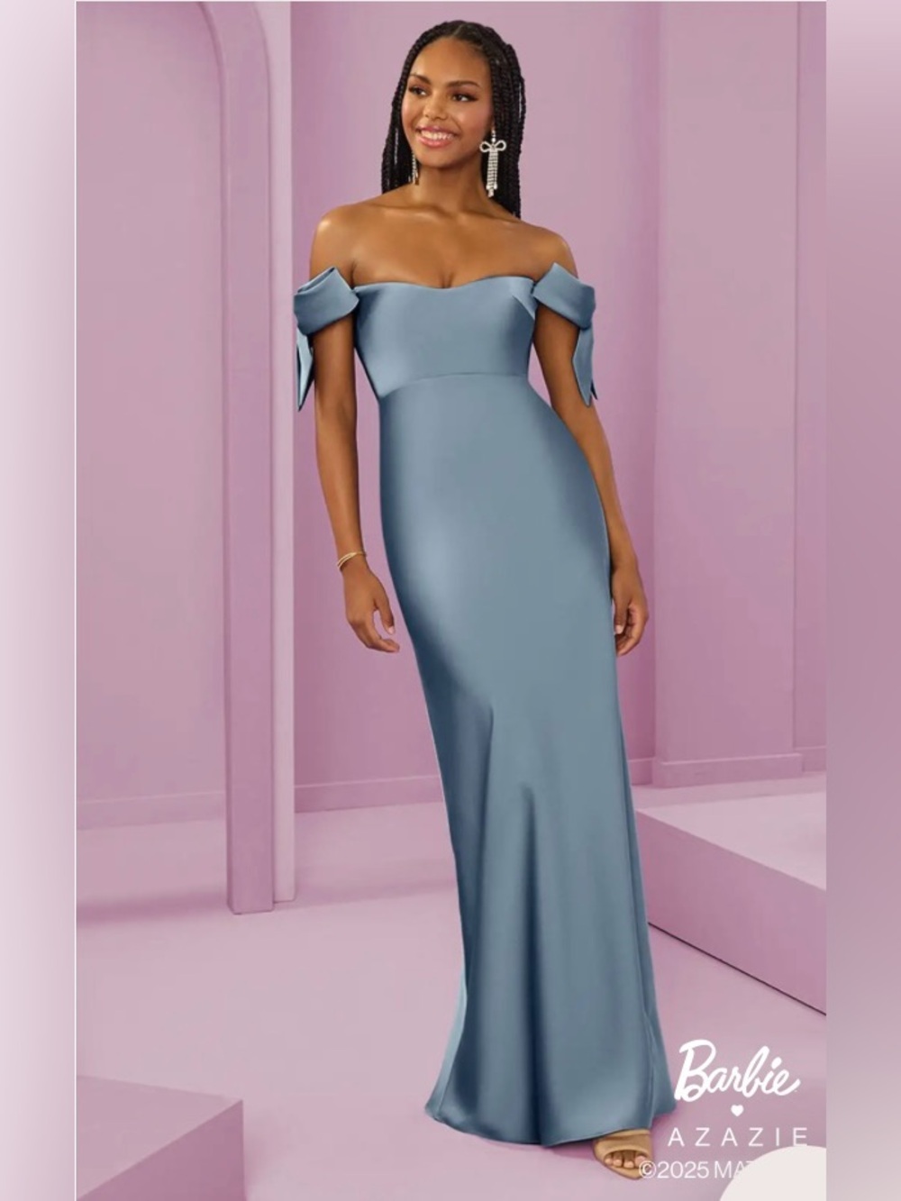 Azazie Barbie 1037 Slate Blue Strapless Off-Shoulder Bow Evening Bridesmaid Gown